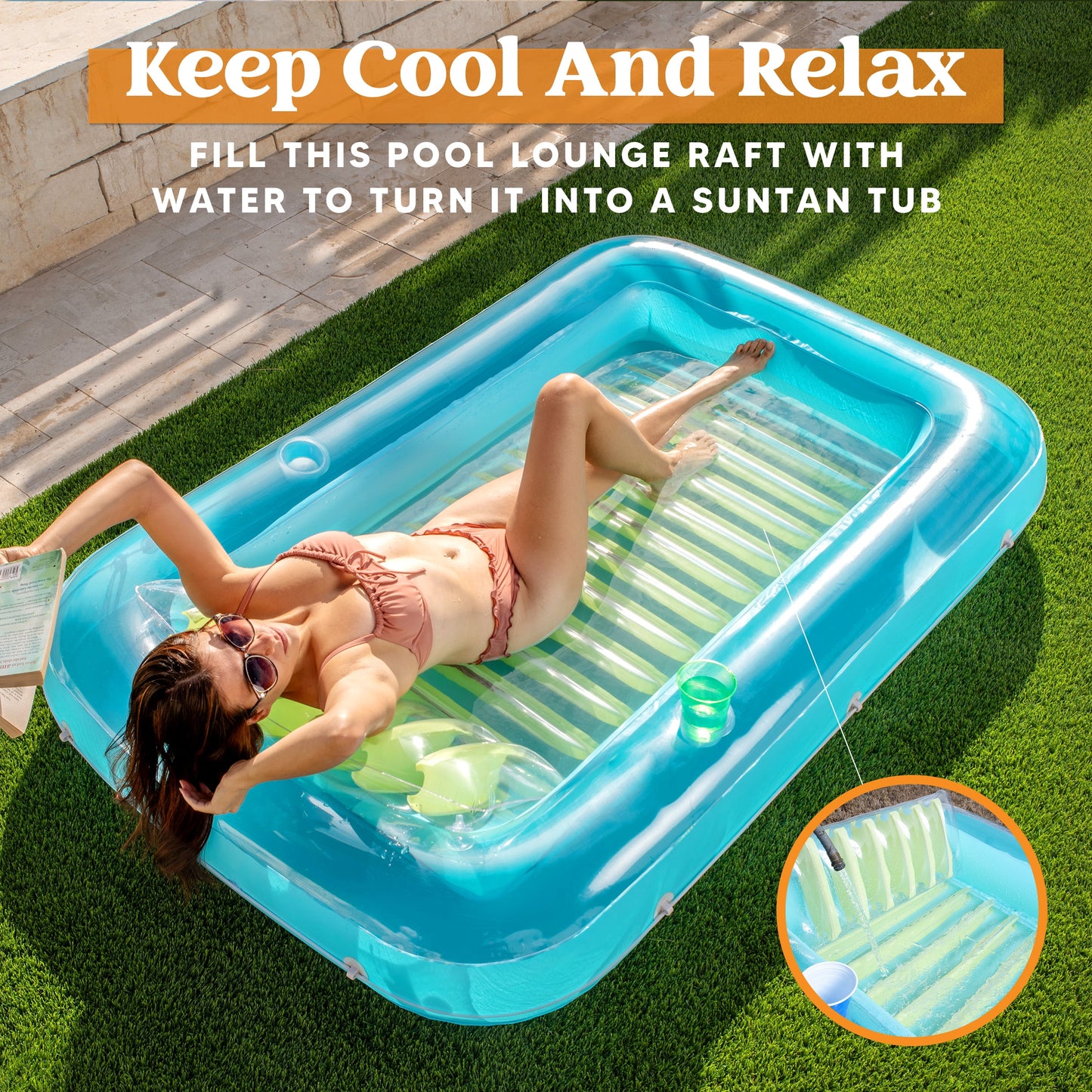 Inflatable Tanning Pool Lounger Float, 70" X 46" Large Suntan Tub with Pillow, Water Raft Floatie for Kids & Adults, Blue