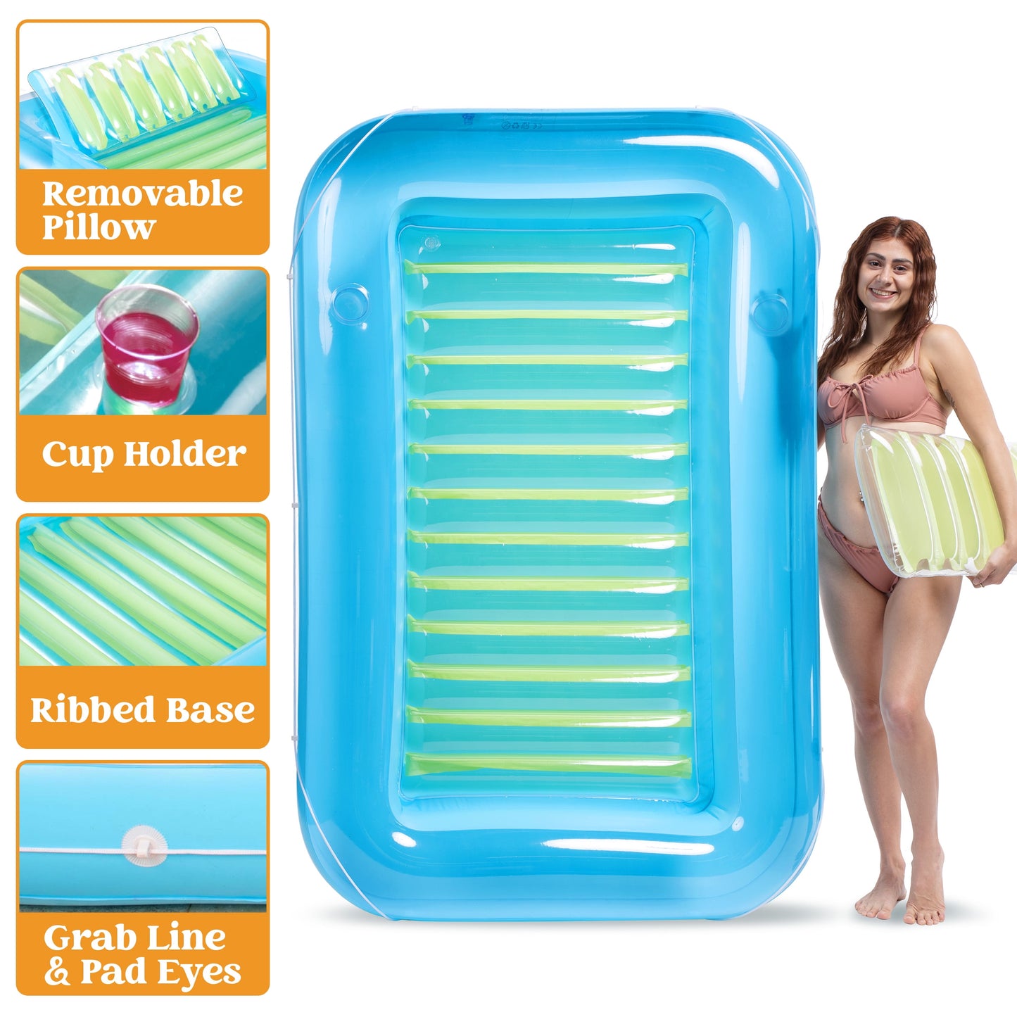 Inflatable Tanning Pool Lounger Float, 70" X 46" Large Suntan Tub with Pillow, Water Raft Floatie for Kids & Adults, Blue