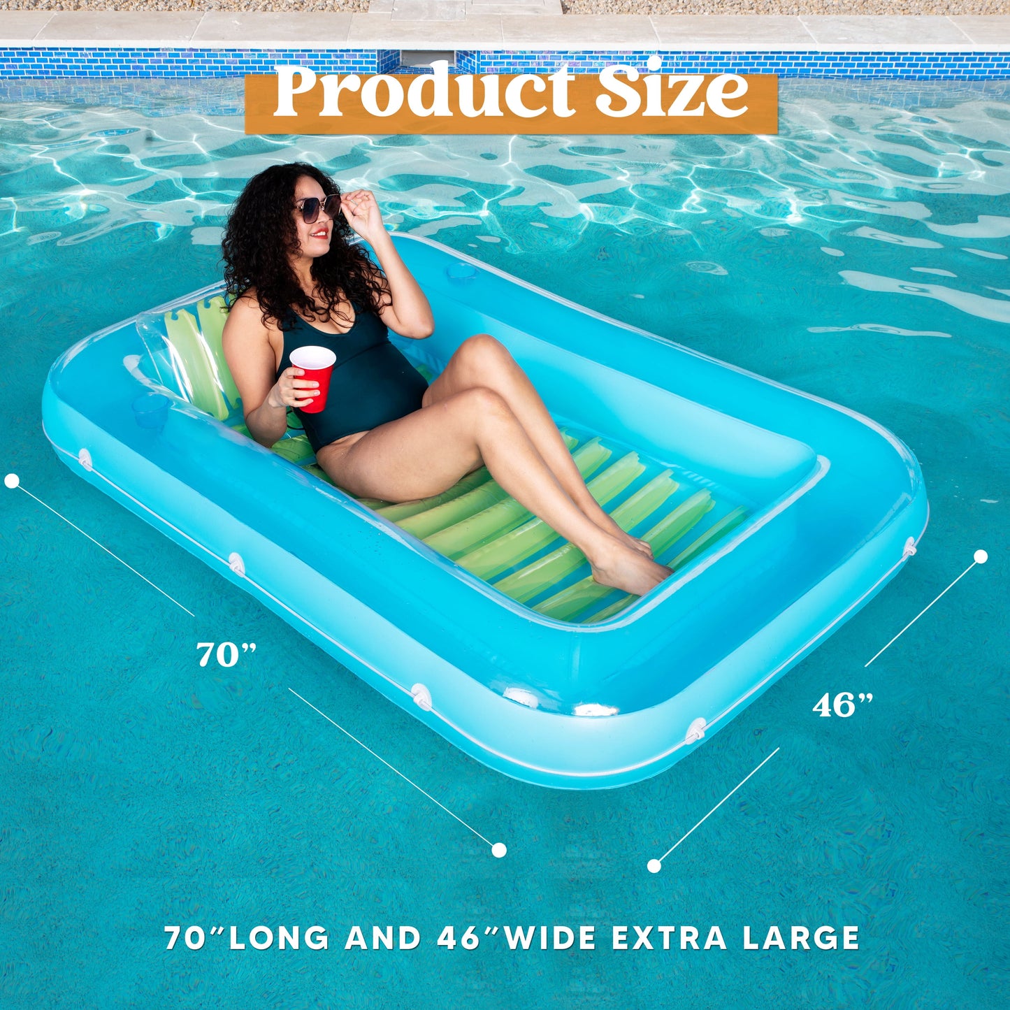 Inflatable Tanning Pool Lounger Float, 70" X 46" Large Suntan Tub with Pillow, Water Raft Floatie for Kids & Adults, Blue