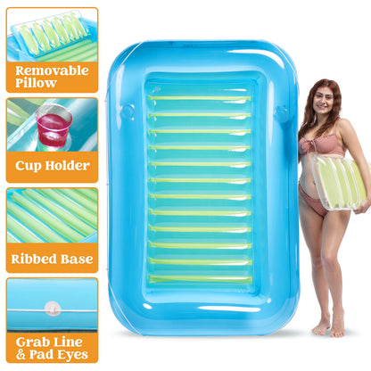 Inflatable Tanning Pool Lounger Float, 70" X 46" Large Suntan Tub with Pillow, Water Raft Floatie for Kids & Adults, Blue